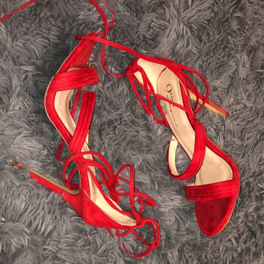 Well worn women’s sexy Red suede Lace-Up Strappy Heels